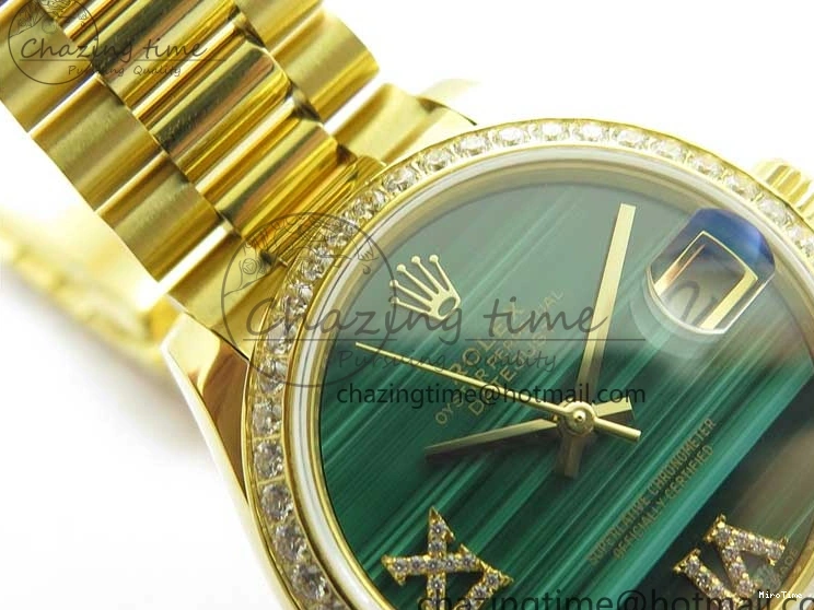 MiroTime 0305 Versatile Daydate 278288 31mm YG EWF Best Edition Green Malachite Dial Crystal Markers on YG President Bracelet ETA 2606